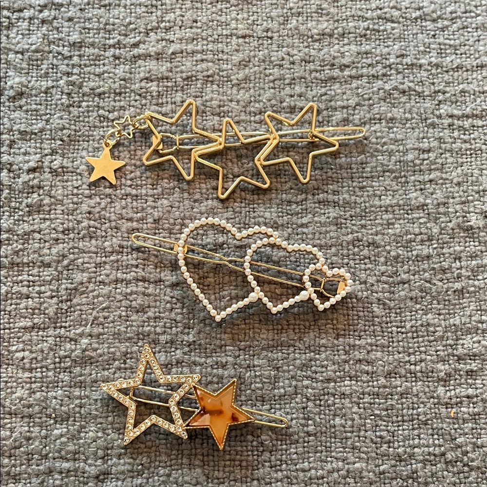 Y2K Gold Tone Hair Barrettes, Heart & Star Designs, Set of Three